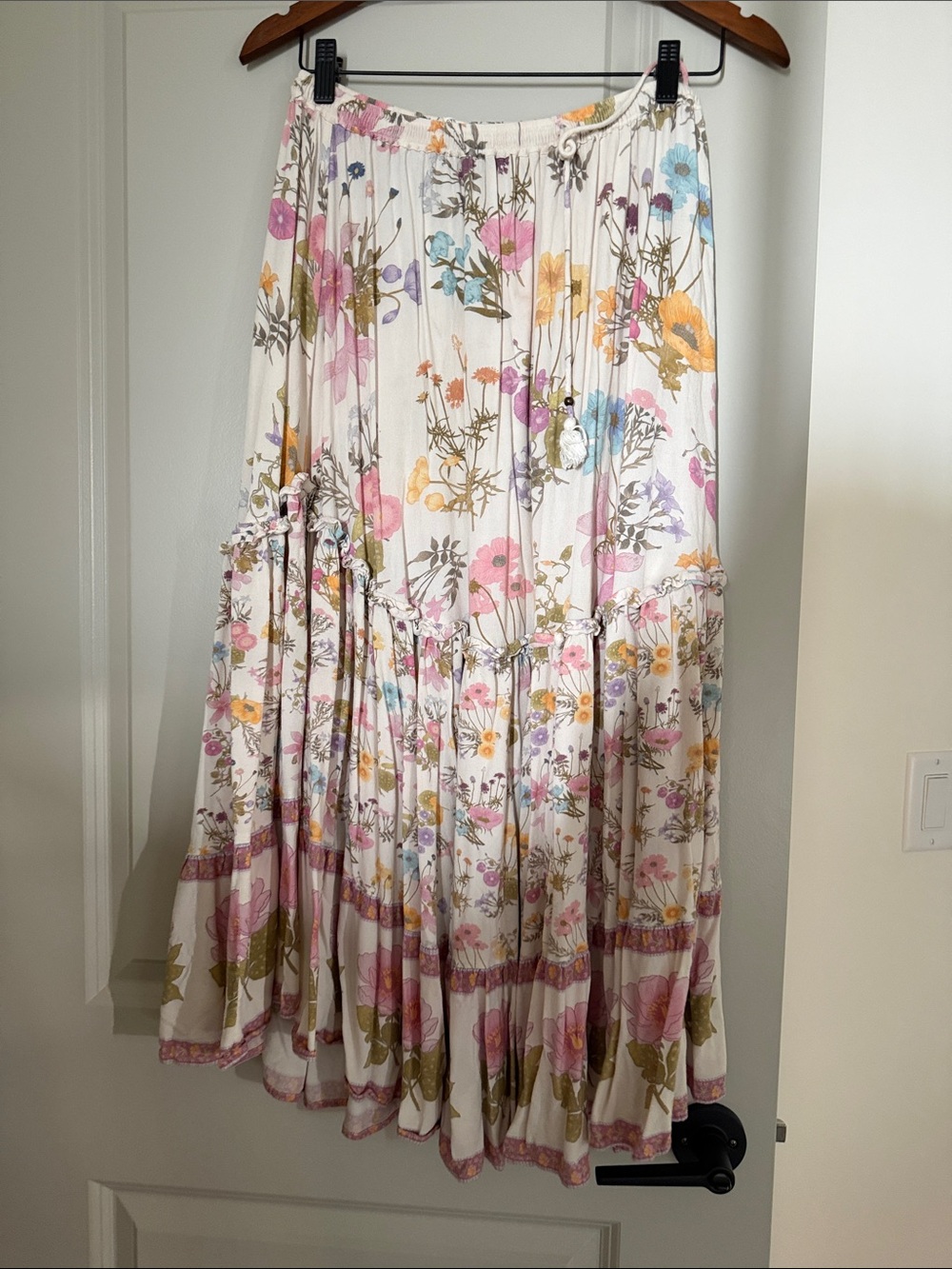 Spell Floral Tiered Maxi Skirt in White with Pastel Florals
